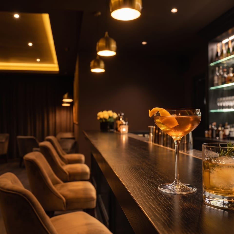 Two cocktails on a dark wooden bar with bottles on shelves and lounge seating in the background.