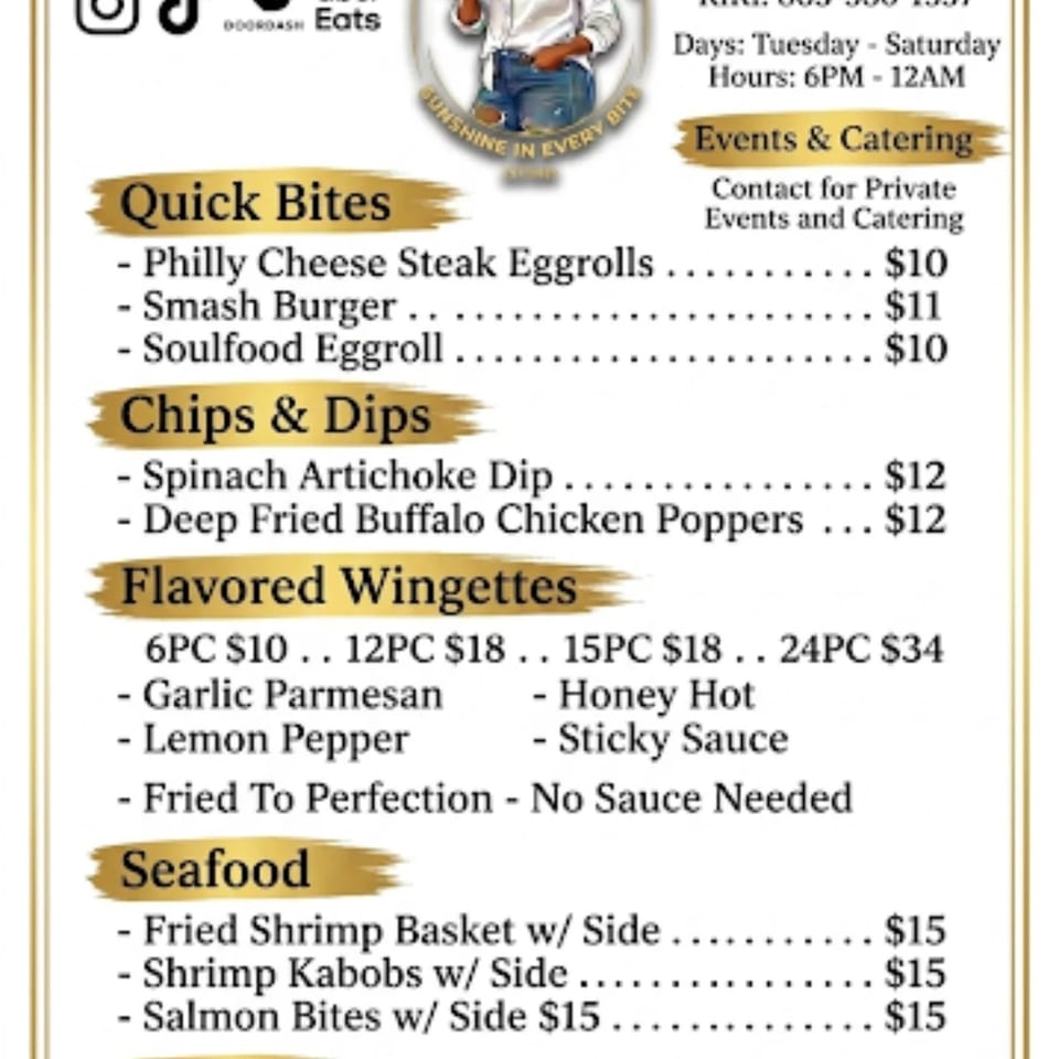 A menu for Drez restaurant, featuring quick bites, chips and dips, flavored wingettes, seafood, and sides.