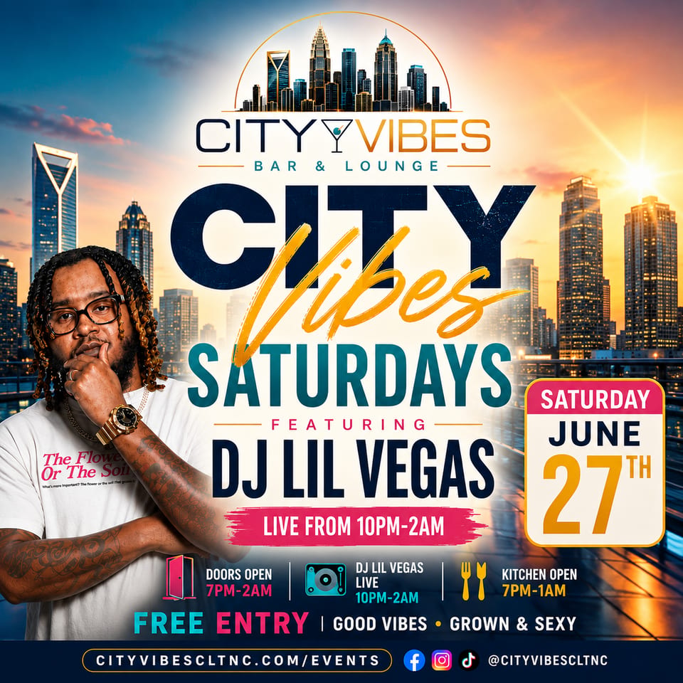 Promotional flyer for City Vibes Saturdays featuring DJ Lil Vegas, with city skyline background.