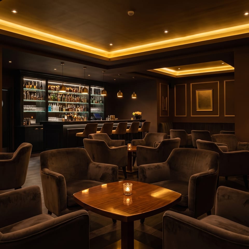 A dimly lit, luxurious bar lounge with plush armchairs, small tables, and a well-stocked bar.