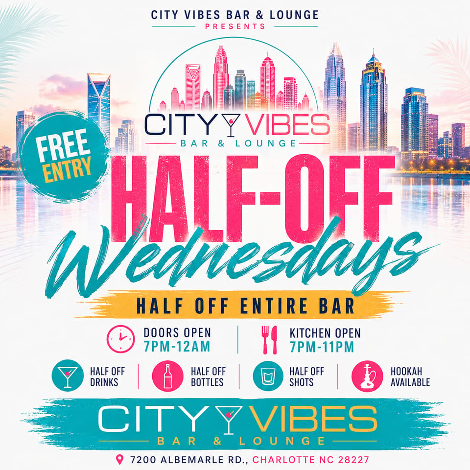 City Vibes Bar & Lounge flyer advertising "Half-Off Wednesdays" with a city skyline background.