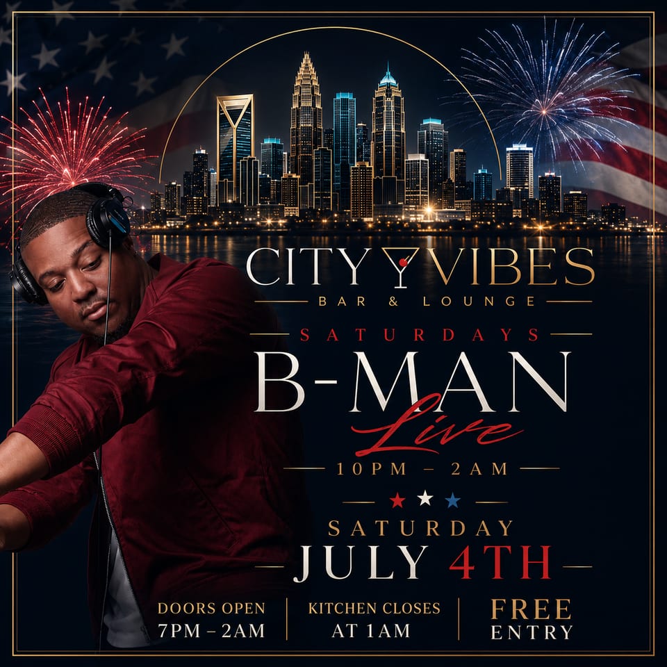 DJ B-Man with headphones, city skyline, fireworks, and American flag for a July 4th event.