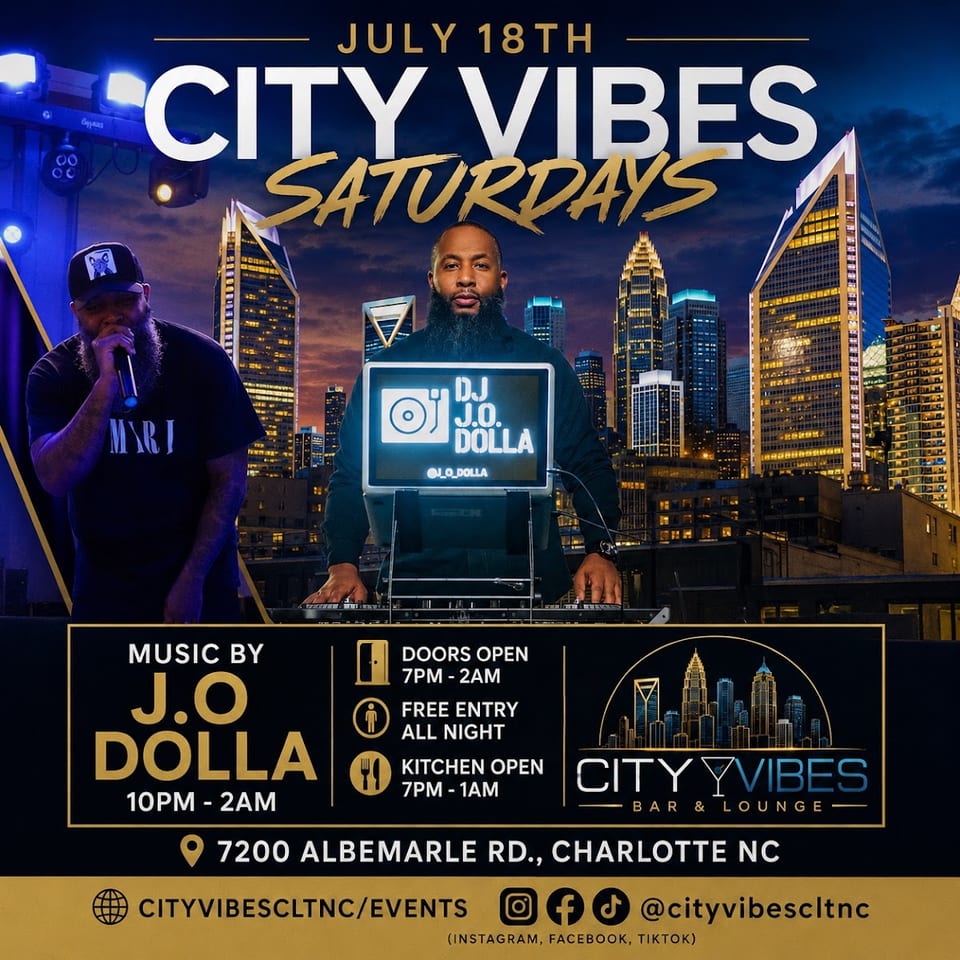 Two DJs performing against a backdrop of a city skyline at night, advertising City Vibes Saturdays.