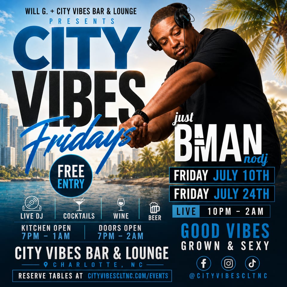 A DJ with headphones on, mixing music, with a city skyline and palm trees in the background.