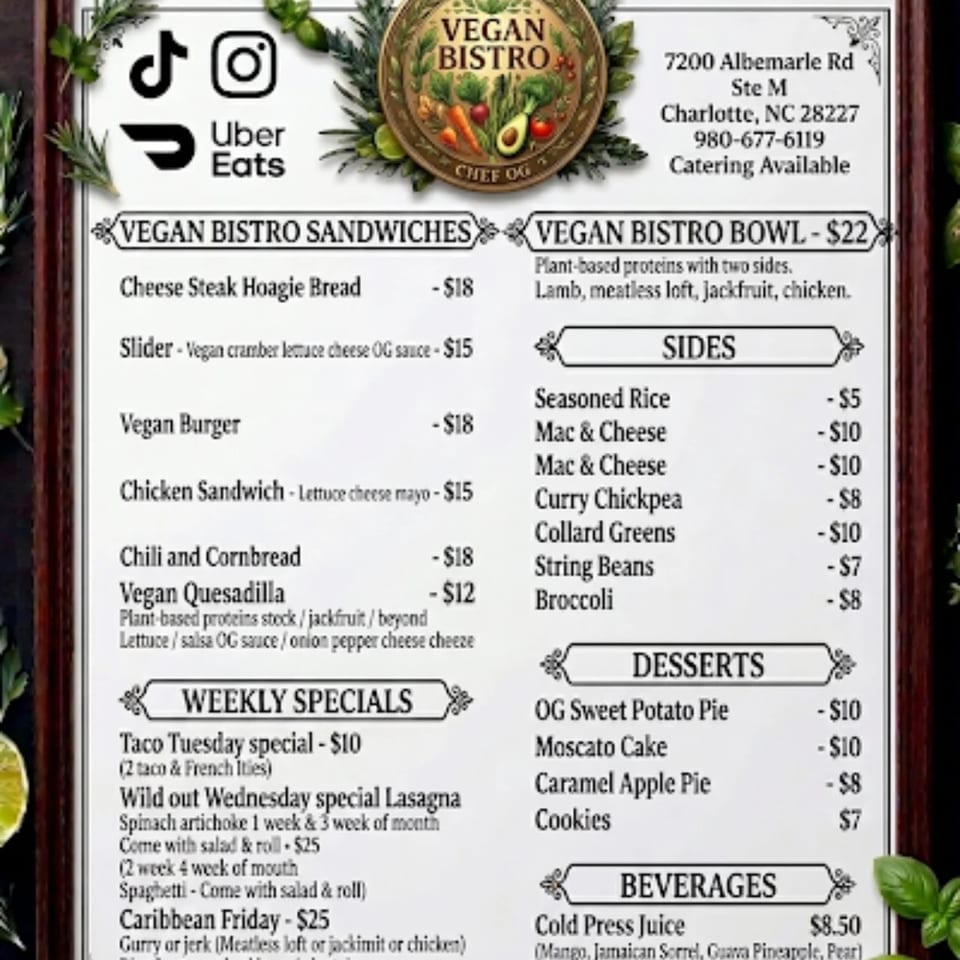 A framed menu for Vegan Bistro, featuring sandwiches, bowls, weekly specials, desserts, and beverages.