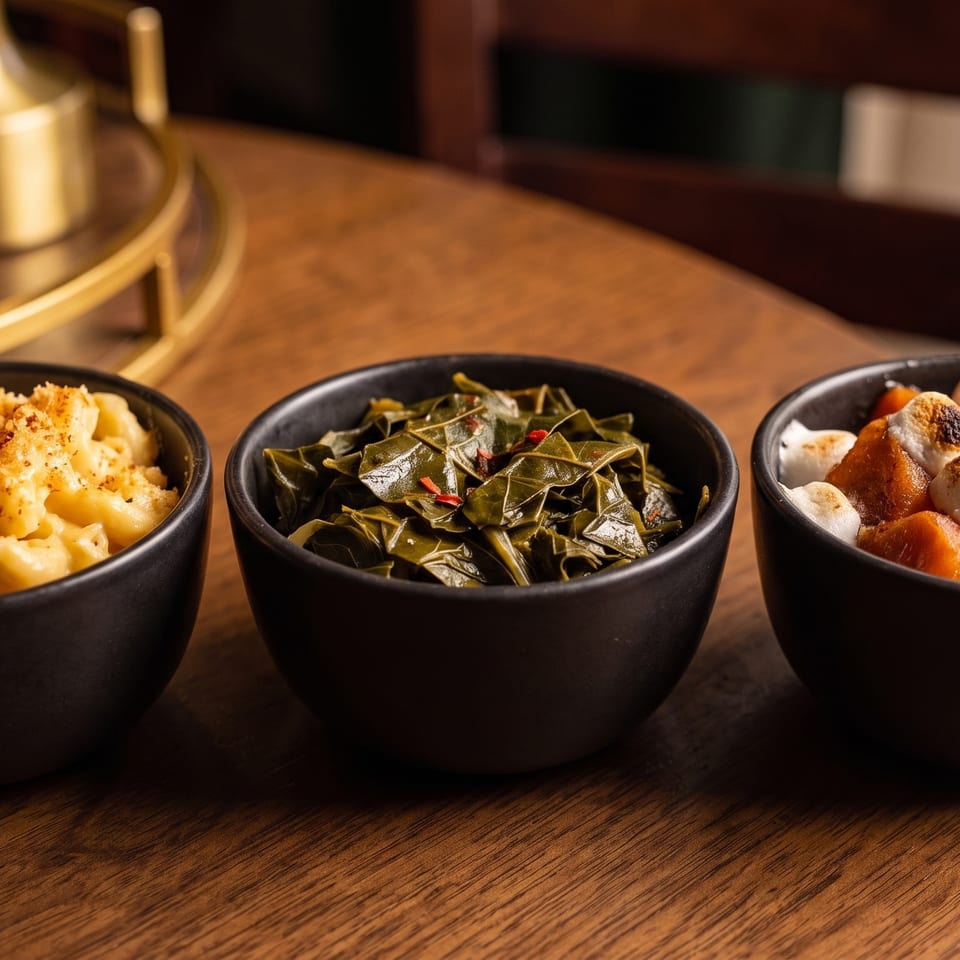 Three black bowls of sides: mac and cheese, collard greens, and candied yams with marshmallows.