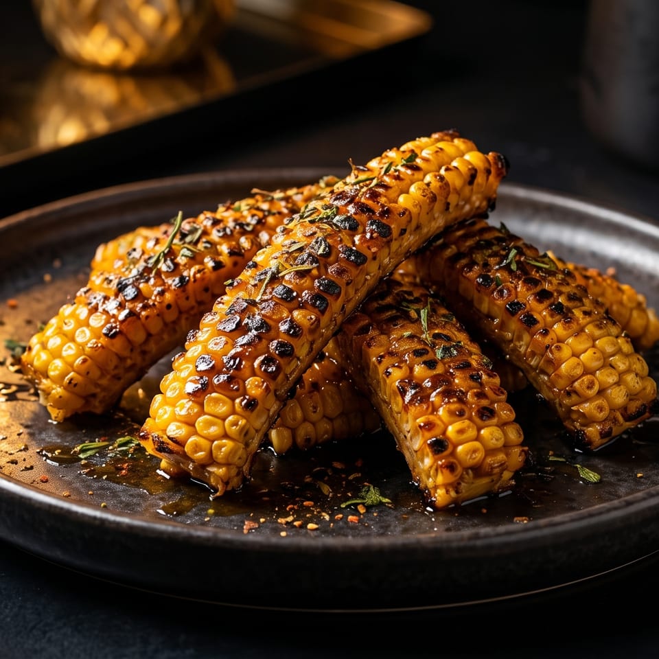 Grilled corn on the cob, seasoned with herbs and spices, served on a dark plate.
