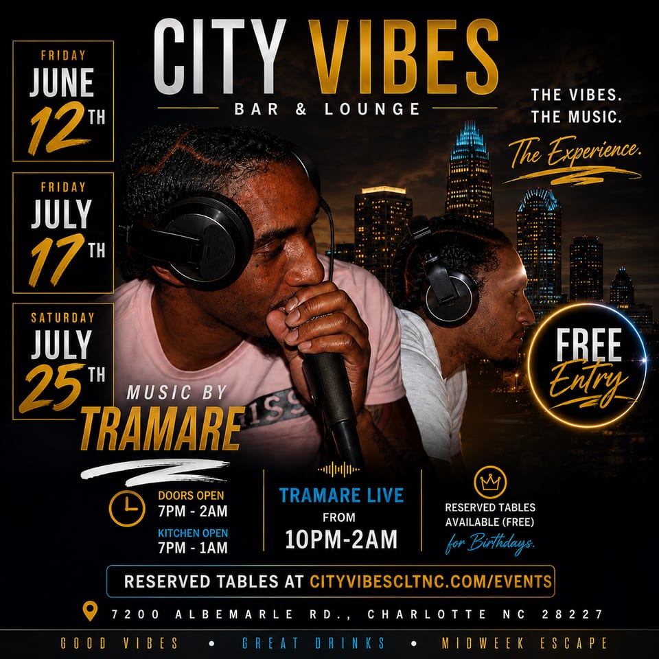 City Vibes Bar & Lounge flyer with two men, one singing, against a city skyline.