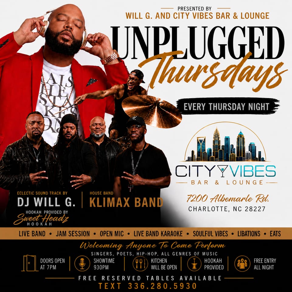 Promotional flyer for "Unplugged Thursdays" at City Vibes Bar & Lounge, featuring musicians and event details.