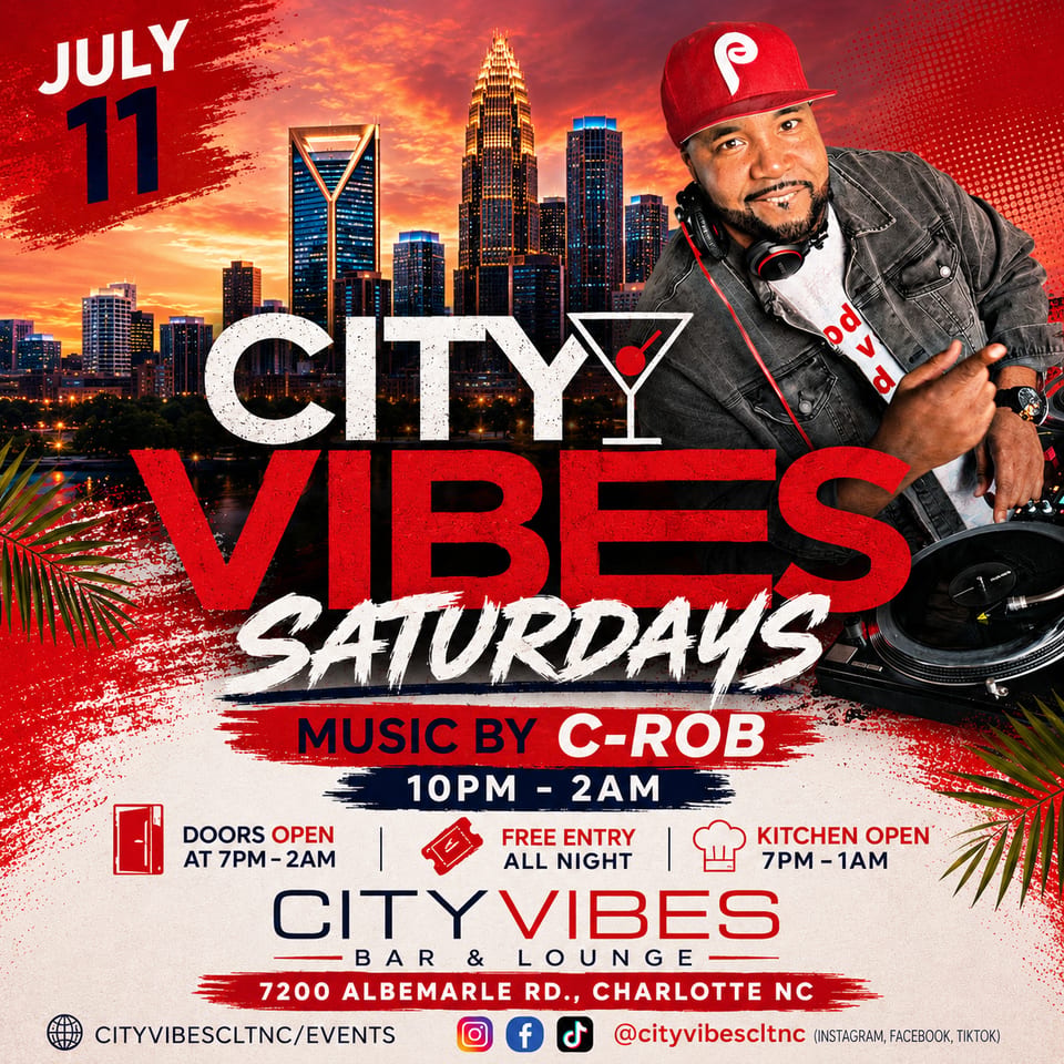 A DJ in a red hat and headphones mixing music, with a city skyline at sunset in the background.